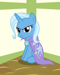 Size: 1730x2161 | Tagged: safe, artist:badumsquish, derpibooru exclusive, trixie, pony, unicorn, g4, :t, brooch, cape, clothes, corner, cute, diatrixes, female, frown, glare, grumpy, hatless, jewelry, looking at you, mare, missing accessory, nose wrinkle, pouting, scrunchy face, sitting, solo, time out, trixie's brooch, trixie's cape