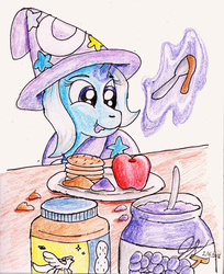 Size: 2125x2606 | Tagged: safe, artist:heromewtwo, trixie, pony, unicorn, g4, apple, crackers, female, filly, food, high res, jelly, mare, peanut butter, peanut butter crackers, redraw, snacks, solo