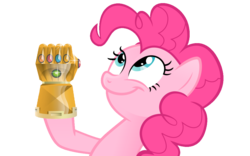 Size: 961x600 | Tagged: safe, pinkie pie, earth pony, pony, g4, female, infinity gauntlet, look what pinkie found, mare, marvel comics, meme, run to the farthest corner of the galaxy, simple background, solo, transparent background, xk-class end-of-the-world scenario