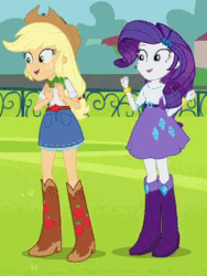 Size: 392x522 | Tagged: safe, screencap, applejack, rarity, equestria girls, g4, my little pony equestria girls, animated, apple, belt, boots, bracelet, clapping, clothes, cowboy boots, cropped, female, fence, food, gem, high heel boots, jewelry, loop, skirt, soccer field