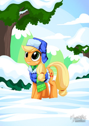 Size: 955x1351 | Tagged: safe, artist:mysticalpha, applejack, g4, clothes, cold, female, hat, jacket, scarf, smiling, snow, solo, winter, winter outfit