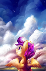 Size: 3300x5100 | Tagged: safe, artist:halley-valentine, scootaloo, pegasus, pony, g4, cloud, cute, cutealoo, female, filly, foal, looking up, shooting star, sitting, sky, solo, spread wings, stars
