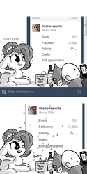 Size: 792x1584 | Tagged: safe, artist:tjpones, oc, oc only, oc:brownie bun, oc:richard, earth pony, human, pony, horse wife, celebration, cheek fluff, comic, confetti, cute, derail in the comments, eeee, female, floppy ears, followers, grayscale, grin, human male, lying down, male, mare, milestone, monochrome, on back, open mouth, prone, shivering, smiling, text, tumblr