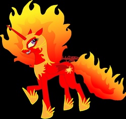 Size: 918x870 | Tagged: safe, artist:theambears, nightmare star, princess celestia, alicorn, pony, g4, black background, evil celestia, evil smile, female, grin, looking back, mane of fire, mare, simple background, smiling, solo, tail, tail of fire