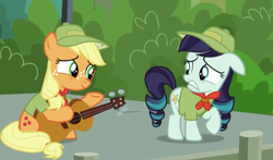 Size: 720x424 | Tagged: safe, screencap, applejack, coloratura, g4, the mane attraction, filly, guitar, musical instrument, younger