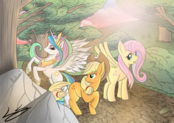 Size: 6071x4299 | Tagged: safe, artist:linkrayprod, applejack, fluttershy, princess celestia, g4, absurd resolution