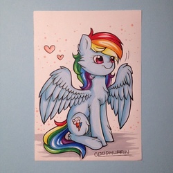 Size: 640x640 | Tagged: safe, artist:goodmuffin, rainbow dash, g4, cute, female, fluffy, heart, sitting, smiling, solo, spread wings, traditional art