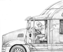 Size: 1149x936 | Tagged: safe, artist:baron engel, big macintosh, earth pony, anthro, g4, apple, clothes, food, male, monochrome, pencil drawing, semi truck, solo, sweet apple acres, traditional art, truck, trucker, western star, western star 5700