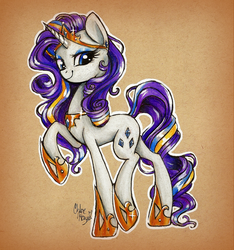 Size: 1369x1463 | Tagged: safe, artist:frostykat13, rarity, g4, clothes, crown, female, future, headcanon, horseshoes, looking at you, mlp future universe, raised hoof, shoes, solo, tiara, traditional art