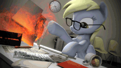 Size: 640x360 | Tagged: safe, artist:argodaemon, derpy hooves, pegasus, pony, g4, 3d, 60 fps, animated, coffee mug, computer, cute, derpabetes, derpy being derpy, derpy hooves tech support, dexterous hooves, female, fire, food, glasses, horse taxes, i just don't know what went wrong, keyboard, mare, muffin, mug, office, scrunchy face, solo, source filmmaker, stomping, working