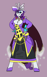 Size: 797x1300 | Tagged: safe, artist:koportable, rarity, anthro, unguligrade anthro, g4, breasts, cape, cleavage, clothes, commission, female, hat, necklace, runescape, smiling, solo