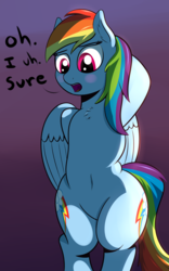 Size: 1000x1600 | Tagged: safe, artist:cosmonaut, rainbow dash, pegasus, pony, semi-anthro, g4, bipedal, blushing, both cutie marks, chest fluff, female, solo