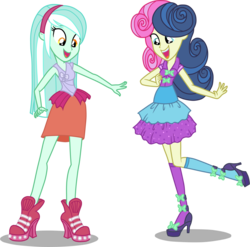 Size: 1955x1934 | Tagged: safe, artist:luchita27, bon bon, lyra heartstrings, sweetie drops, human, equestria girls, g4, life is a runway, my little pony equestria girls: rainbow rocks, alternate hairstyle, clothes, dress, duo, duo female, female, high heels, open mouth, simple background, transparent background, vector