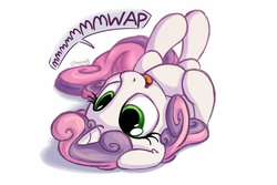Size: 1800x1200 | Tagged: safe, artist:bobdude0, sweetie belle, pony, unicorn, g4, behaving like a cat, cute, dialogue, diasweetes, female, filly, imminent belly rub, mwap, open mouth, simple background, solo, speech bubble, sweet dreams fuel, upside down, weapons-grade cute, white background