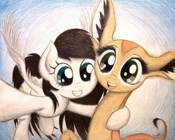 Size: 1002x797 | Tagged: safe, artist:thefriendlyelephant, oc, oc only, oc:coconut cake, oc:nuk, antelope, gerenuk, pegasus, pony, animal in mlp form, big ears, big eyes, cheek squish, cute, duo, floating, selfie, smiling, traditional art, wings