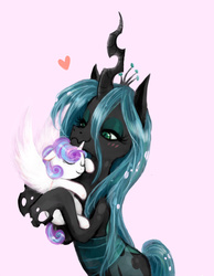 Size: 794x1024 | Tagged: safe, artist:kutakoru, edit, princess flurry heart, queen chrysalis, alicorn, changeling, changeling queen, pony, g4, the crystalling, auntie chrissy, bipedal, blushing, cute, cutealis, eyes closed, fanfic, fanfic art, female, floppy ears, flurrybetes, heart, hug, lidded eyes, mommy chrissy, nuzzling, simple background, smiling, smug, spread wings, sweet dreams fuel, white background