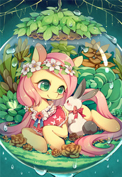Size: 825x1200 | Tagged: safe, artist:huaineko, fluttershy, pegasus, pony, rabbit, g4, blushing, clothes, cute, female, floral head wreath, flower, leaf, looking at each other, mare, pixiv, shyabetes, smiling, solo, spring, water