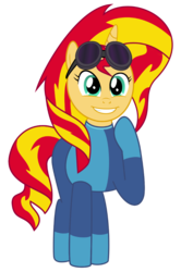 Size: 662x1000 | Tagged: safe, artist:blueberryaxe, derpibooru exclusive, sunset shimmer, pony, equestria girls, g4, my little pony equestria girls: friendship games, female, goggles, ponified, raised hoof, simple background, smiling, solo, sunset welder, teeth, transparent background
