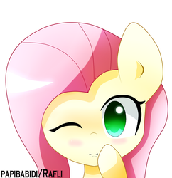 Size: 1018x1051 | Tagged: safe, artist:papibabidi, fluttershy, g4, blushing, female, looking at you, smiling, solo, wink