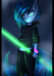 Size: 2500x3500 | Tagged: safe, artist:kairaanix, dj pon-3, vinyl scratch, anthro, g4, double lightsaber, female, high res, lightsaber, midriff, solo, star wars, weapon