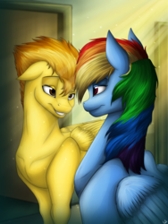 Size: 3000x4000 | Tagged: safe, artist:lupiarts, rainbow dash, spitfire, pegasus, pony, g4, crepuscular rays, duo, female, lesbian, mare, sexy eyes, ship:spitdash, shipping