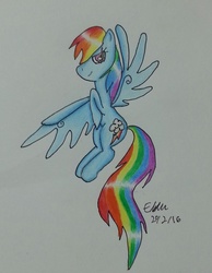 Size: 1482x1913 | Tagged: safe, artist:lizzyisme, rainbow dash, pegasus, pony, g4, female, flying, solo, traditional art