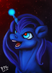 Size: 744x1052 | Tagged: safe, artist:rpg-onion, princess luna, the moon rises, g4, female, magic, open mouth, red eyes, solo, stars