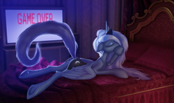 Size: 6020x3592 | Tagged: safe, artist:eqamrd, princess luna, alicorn, pony, g4, bedroom, butt, explicit source, female, game over, mare, moonbutt, plot, prone, solo