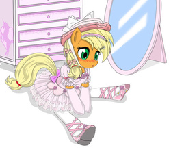 Size: 580x522 | Tagged: safe, artist:avchonline, applejack, earth pony, semi-anthro, g4, applejack also dresses in style, applerina, ballerina, ballet, ballet slippers, blushing, canterlot royal ballet academy, clothes, dresser, female, girly, mare, mirror, puffy sleeves, sitting, solo, tomboy taming, tutu