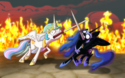 Size: 4000x2500 | Tagged: safe, artist:piemations, nightmare moon, princess celestia, alicorn, pony, g4, epic, faic, female, fire, majestic as fuck, mare, mouth hold, sisters, sword, wat, weapon