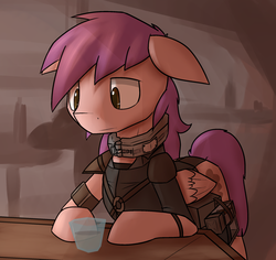 Size: 2227x2102 | Tagged: safe, artist:erthilo, oc, oc only, pegasus, pony, fallout equestria, bar, bomb collar, clothes, collar, drink, floppy ears, gun, high res, laser pistol, looking down, sad, solo, weapon