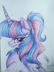 Size: 450x600 | Tagged: safe, artist:jess-choco88, twilight sparkle, alicorn, pony, g4, alternate hairstyle, bedroom eyes, feather, female, grin, looking back, mare, ponytail, portrait, smiling, solo, traditional art, twilight sparkle (alicorn)