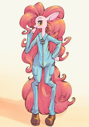 Size: 2039x2894 | Tagged: safe, artist:unousaya, pinkie pie, earth pony, pony, semi-anthro, g4, arm hooves, bipedal, female, high res, overalls, solo