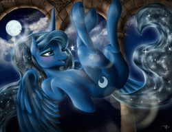Size: 4200x3220 | Tagged: safe, artist:whit3-dr4g0n, princess luna, g4, blushing, butt, crepuscular rays, female, flying, moon, moonbutt, night, plot, solo, stars, upside down