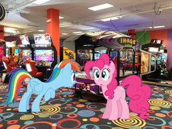 Size: 800x598 | Tagged: safe, pinkie pie, rainbow dash, g4, arcade, bloomingdale, carpet, irl, male, mall, mario, photo, ponies in real life, round1 bowling & amusement, stratford square mall, transformers, vector