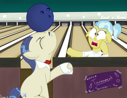 Size: 3300x2550 | Tagged: safe, artist:theoriginalmalice, doctor fauna, horte cuisine, savoir fare, g4, balancing, bowling, bowling alley, bowling ball, bowling pin, high res