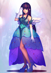 Size: 990x1400 | Tagged: safe, artist:bakki, twilight sparkle, human, g4, beautiful, clothes, commission, dress, evening gloves, female, gloves, high heels, humanized, legs, long gloves, long hair, looking at you, princess dress, smiling, solo, wings