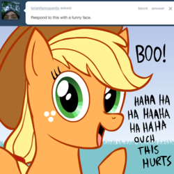 Size: 615x615 | Tagged: safe, artist:hotdiggedydemon, applejack, earth pony, pony, ask jappleack, g4, ask, dialogue, female, jappleack, looking at you, open mouth, smiling, solo, tumblr