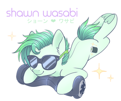 Size: 540x450 | Tagged: safe, artist:hawthornss, oc, oc only, oc:shawn wasabi, earth pony, pony, buckcon 2016, convention, prone, solo, sunglasses, swegway