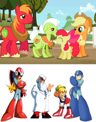 Size: 789x1000 | Tagged: safe, edit, screencap, apple bloom, applejack, big macintosh, granny smith, earth pony, pony, g4, apple family, comparison chart, dr. light, male, mega man (series), protoman, roll (mega man), stallion