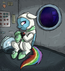 Size: 550x600 | Tagged: safe, artist:shimazun, rainbow dash, pegasus, pony, g4, astrodash, astronaut, clothes, female, lost, mare, singing in the comments, solo, space, spacesuit, worried