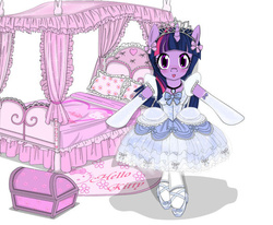 Size: 580x478 | Tagged: safe, artist:avchonline, twilight sparkle, unicorn, semi-anthro, g4, ballerina, ballet slippers, bed, bipedal, blushing, canterlot royal ballet academy, clothes, dress, female, frilly dress, hello kitty, hilarious in hindsight, looking at you, mare, sanrio, solo, tiara, trunk, tutu, twilarina, unicorn twilight