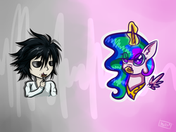 Size: 2000x1500 | Tagged: safe, artist:mlplunaprincess, princess celestia, g4, cake, crossover, death note, food, l, l lawliet