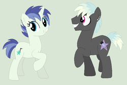 Size: 690x464 | Tagged: safe, artist:srbarker, oc, oc only, oc:bass drop, oc:remix, brother and sister, offspring, parent:neon lights, parent:vinyl scratch, parents:vinylights, simple background