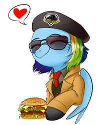 Size: 1150x1445 | Tagged: safe, artist:supermare, rainbow dash, g4, burger, female, food, happy, kaz, kazuhira miller, metal gear, metal gear solid, metal gear solid 5, solo, the hamburgers of kazuhira miller