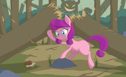 Size: 3800x2322 | Tagged: safe, artist:janji009, lily longsocks, earth pony, hedgehog, pony, g4, background pony, behind you, blank flank, bush, claw marks, cute, destruction, earth pony magic, female, filly, forest, high res, imminent cutiespark, imminent fight, magic, missing cutie mark, monster, origins, rock, scared, strong, super strength, tree, trembling