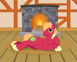 Size: 1280x1024 | Tagged: safe, artist:aha-mccoy, big macintosh, earth pony, pony, g4, fireplace, lying down, male, missing accessory, rug, solo, stallion, stupid sexy big macintosh, sultry pose