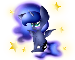 Size: 1693x1372 | Tagged: safe, artist:norica-official, princess luna, g4, female, heart eyes, simple background, sitting, solo, spread wings, stars, transparent background, wingding eyes
