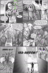 Size: 1262x1920 | Tagged: safe, artist:pencils, marble pie, spike, oc, oc:anon, dragon, earth pony, human, pony, comic:anon's pie adventure, g4, amazed, butt, comic, dock, female, human male, male, mare, monochrome, plot, starry eyes, super strength