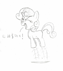 Size: 822x926 | Tagged: safe, artist:lesbocarwash, sweetie belle, pony, unicorn, g4, censored, censored vulgarity, female, filly, foal, horn, monochrome, singing, sketch, solo